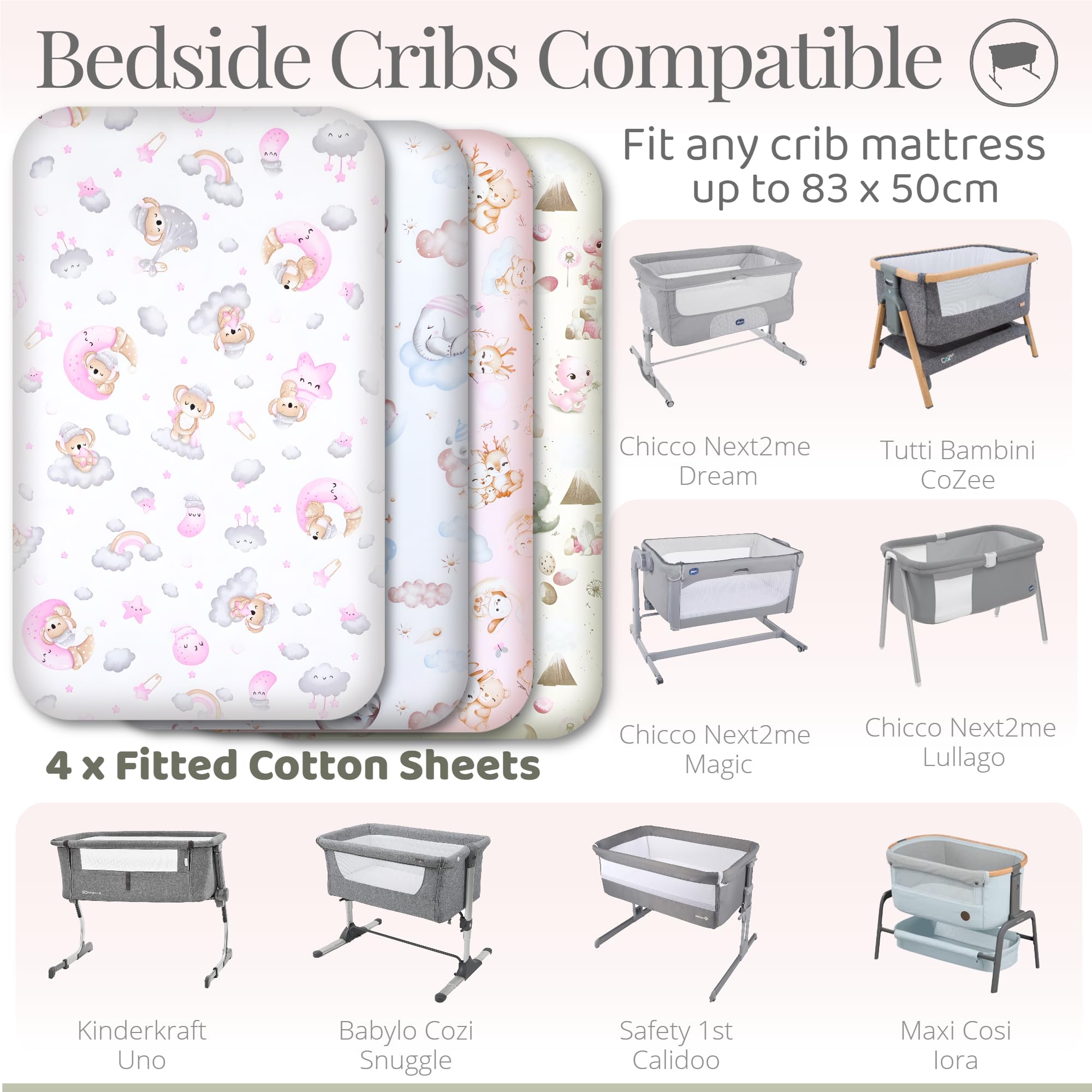 Next to Me Crib Sheets 83x50cm – 100% Cotton, Soft & Breathable Baby Bedding Set, 4-Pack Snug Fitted Baby Sheets for Bedside Cribs (83x50cm, SET 6-4pcs) — view 2