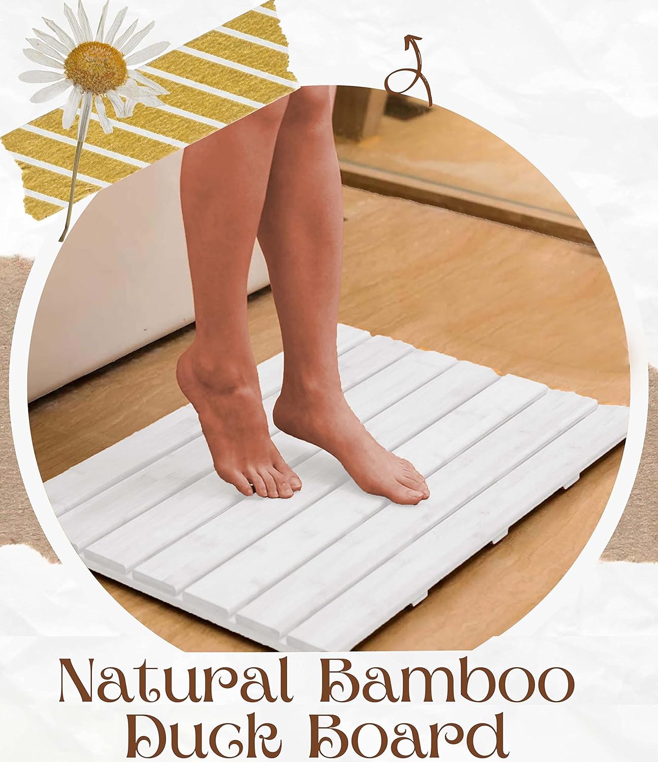 AAMEN Bamboo Wooden Bath Mat, Shower Mat NonSlip Waterproof, Bathroom Floor Mat for Indoor