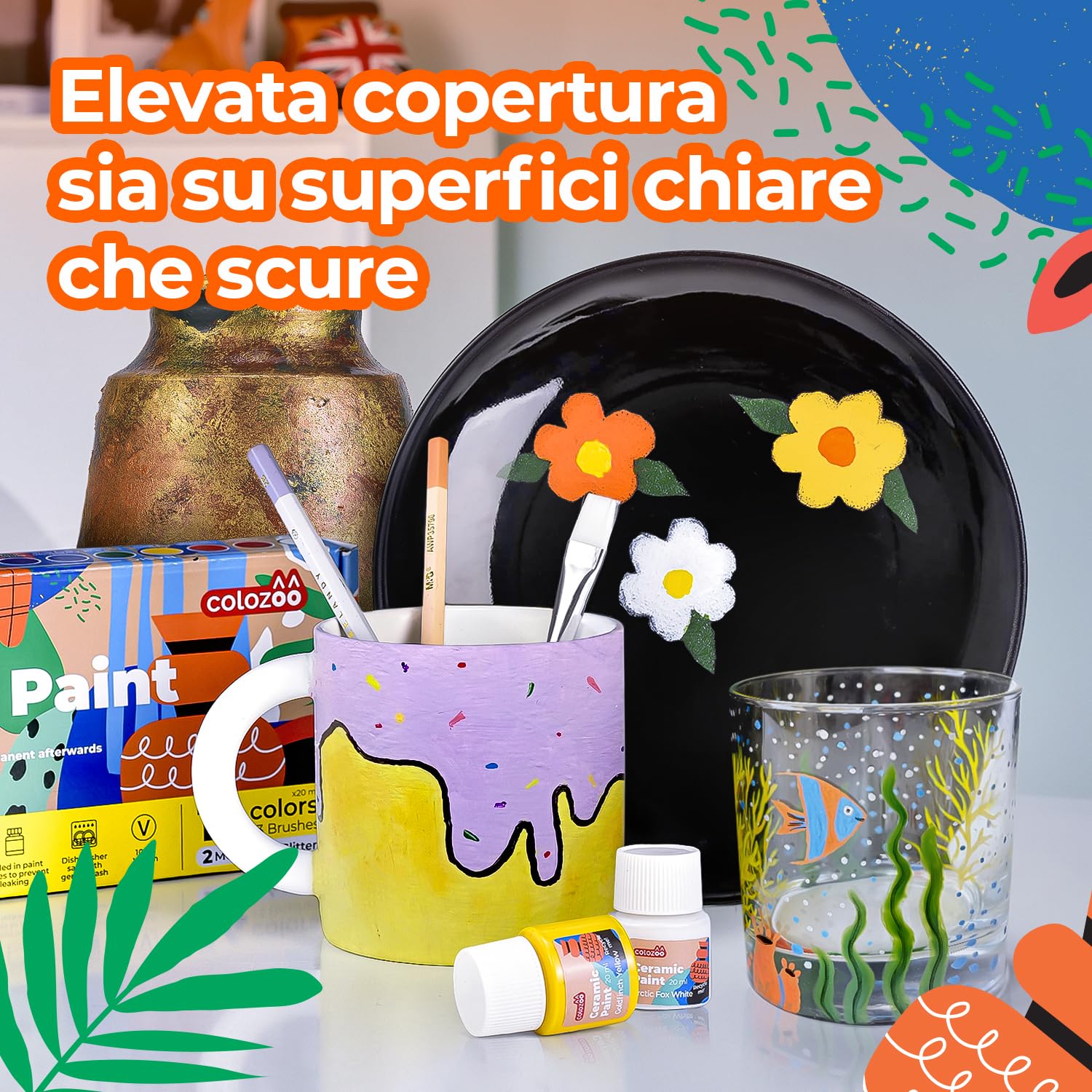 colozoo Vernice per Vetro e Porcellana Lavabile in Lavastoviglie - 14x20ml incl. Oro, Argento, 4 Colori Glitterati e 3 Pennelli - Set di Pittura per Ceramica Cancellabile