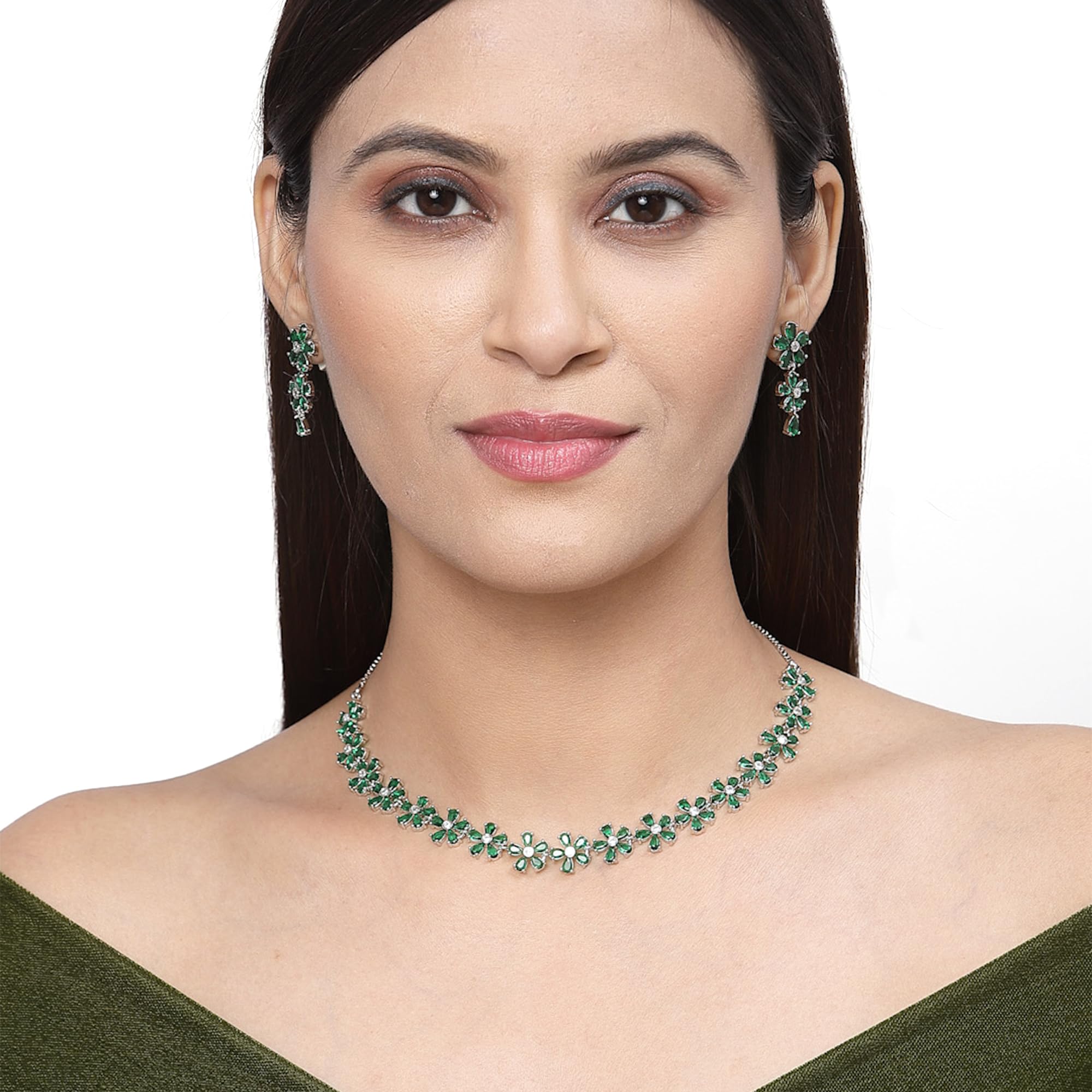 American Diamond Flower Jewellery Set (Green)