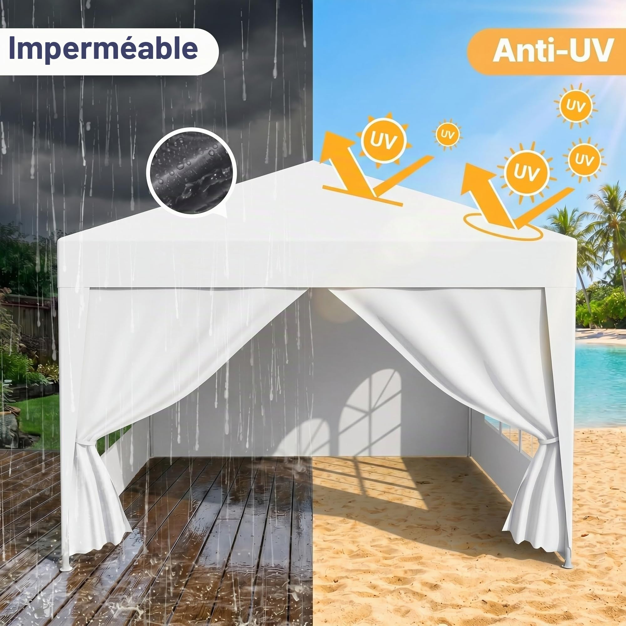 Tonnelle pliable 3 x 3 m, imperméable, stable, résistante à l'hiver, avec panneaux latéraux amovibles, protection UV et coupe-vent, tonnelle de jardin, tente de fête, pour marché, festival, camping