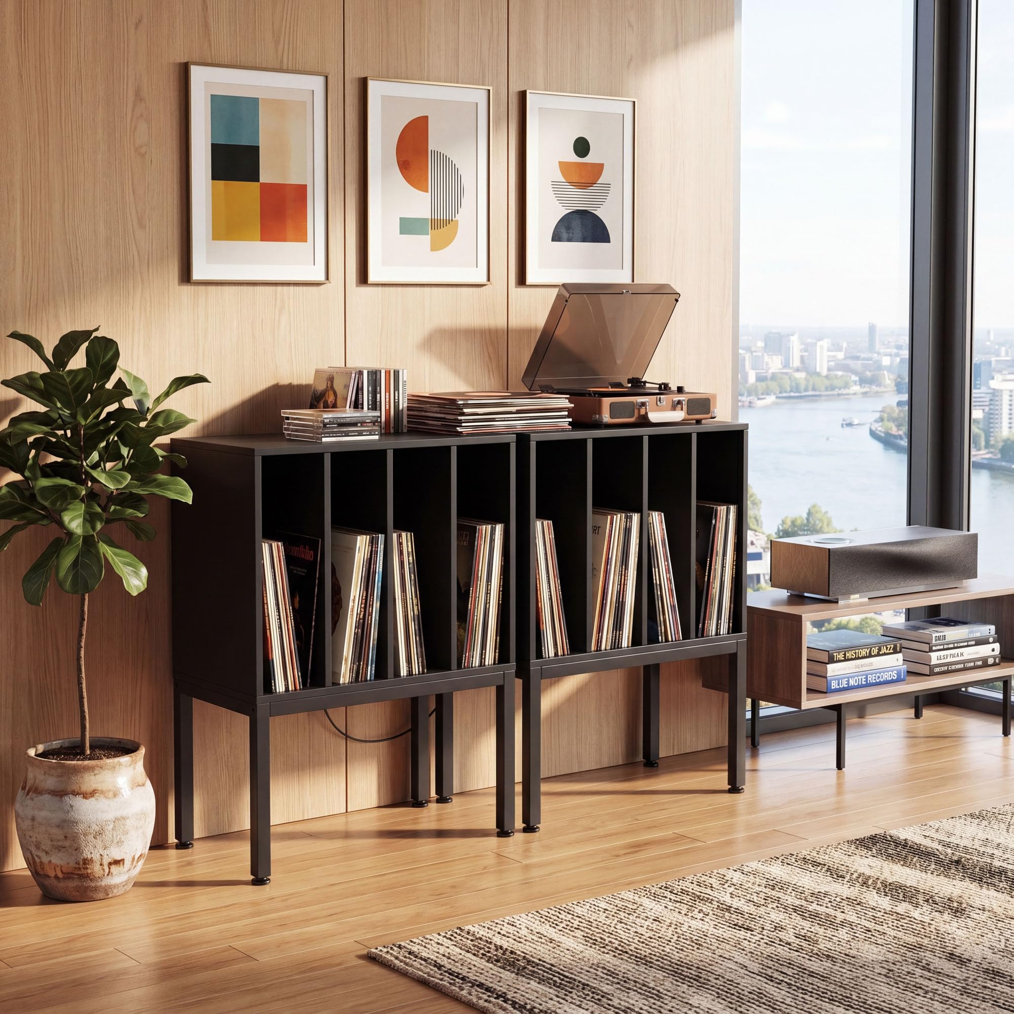 KOMFOTTEU Supporto per Giradischi in Vinile con Stazione di Ricarica (Nero) | Struttura Legno-Metallo, Piano Superiore + 4 Scomparti Porta Album, Design Moderno Multifunzione, 50x40x81 cm
