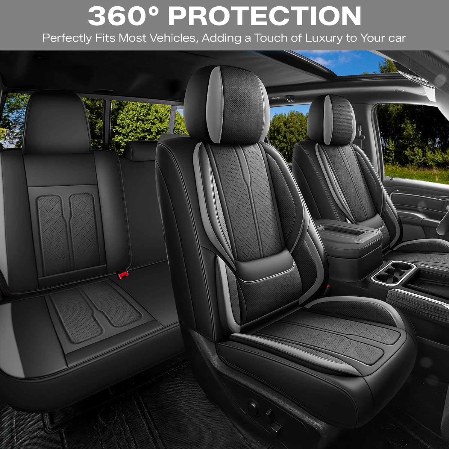 AOOG Seat Covers Custom Fit for Chevy Silverado GMC Sierra 2007-2026 1500/2500/3500 HD Crew Cab Pickup Truck Seat Cover Protector Cushion with Faux Leather Waterproof (Full Seats-BlackGray)