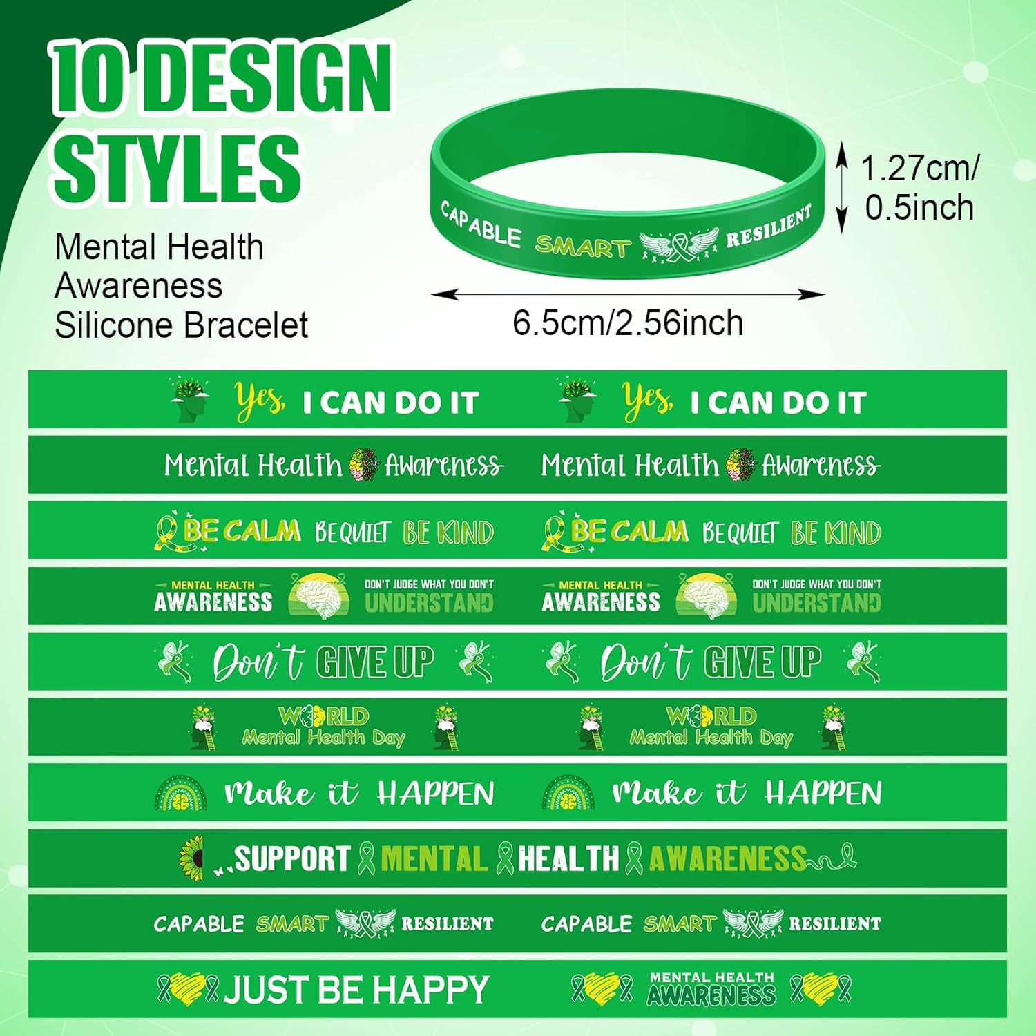 Mental Health Awareness Silicone Wristband Bulk Green Ribbon Inspirational Rubber Bracelets Motivational Silicone Wristbands for Mental Health Favor Gift Supplies, 10 Styles