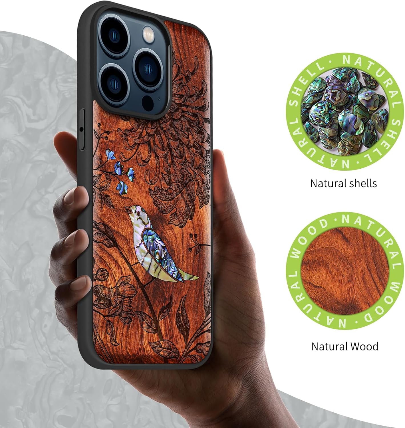 Carveit Wooden Case for iPhone 15 Pro Magnetic Case, Compatible with MagSafe Wireless Chargers, Shockproof Cover, Handmade Shell Inlaid & Wood Artisan Engraved (Flowers and Bird) Rosy