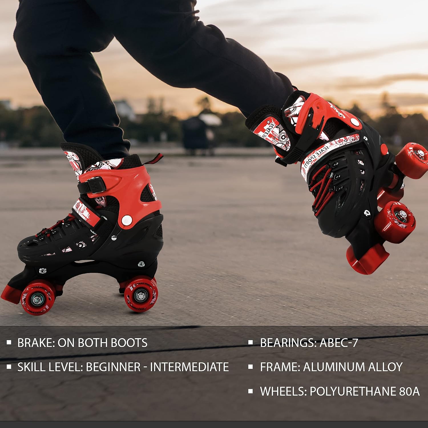 Scale Sports Adjustable Quad Roller Skates for Kids Size 13.5 Junior to 9 Adult