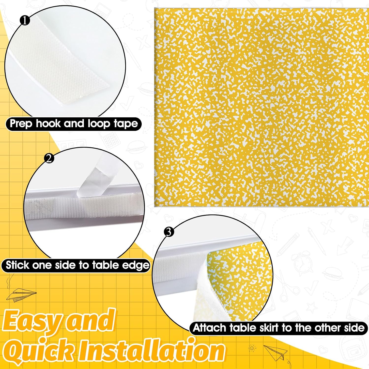9FT Yellow and White Composition Table Skirt Teacher Desk Skirt for Composition Notebook Classroom Decor Rectangle Table Cover for Back to School Party Supplies Kindergarten Office Bookcase Cabinet image 4