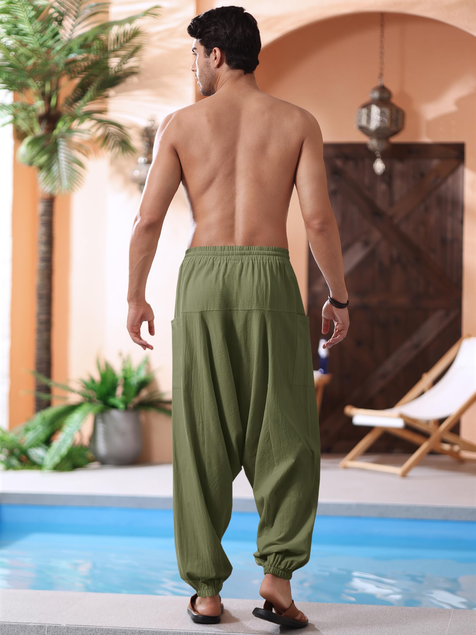Runcati Pantaloni da Uomo in Cotone Harem Baggy Hippie Casual Lino Yoga Pantaloni da Spiaggia con Apertura Profonda, Verde, XL