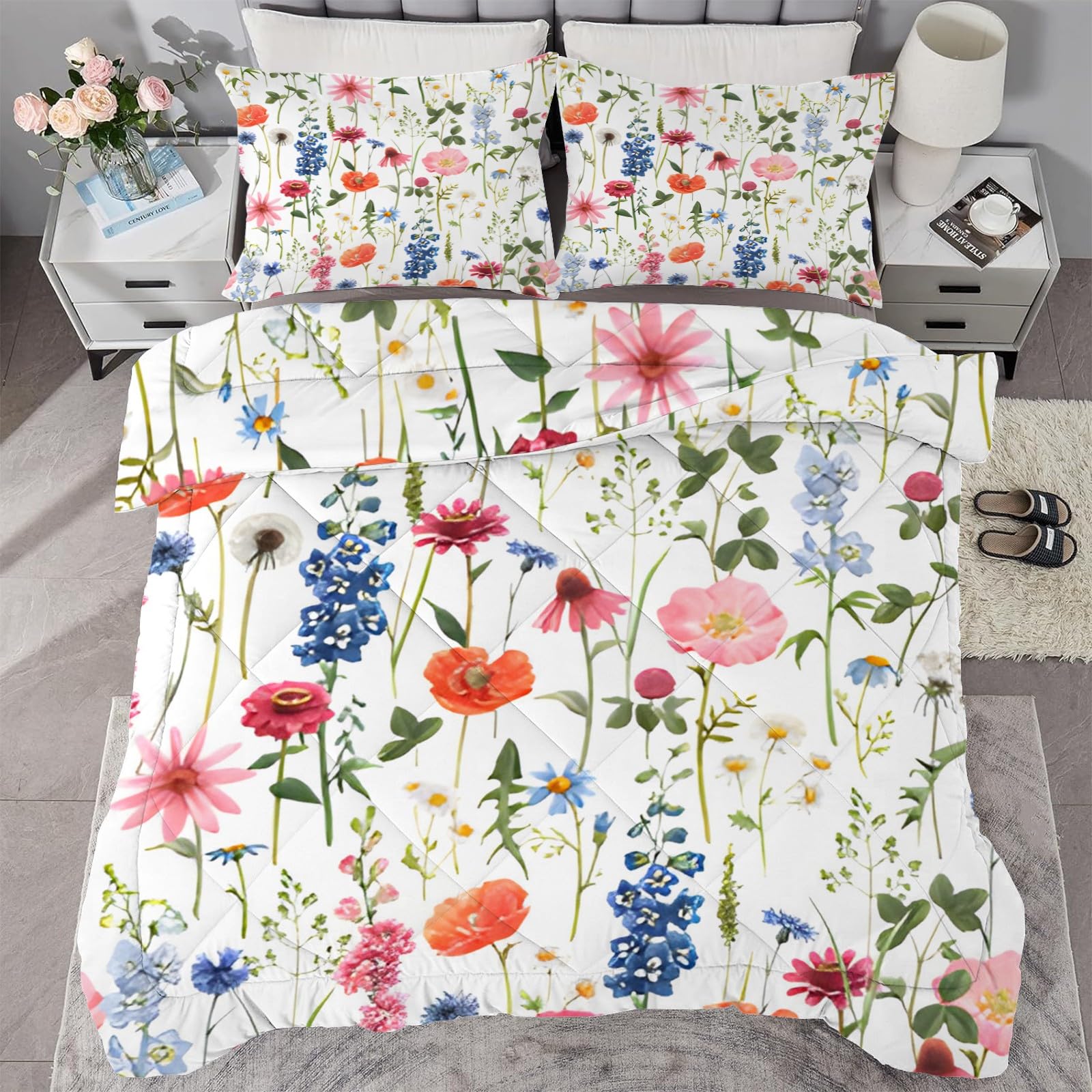 buyluhn Bettdecke 135x200 Bunt Blumen, 4 Jahreszeiten Bettdecken Anlage Ohne Bezug Nutzbar, Kinder Steppdecke Microfaser Ganzjahresdecke，Waschbar Bettzeug mit 1 Kissenbezug für Sommer Winter Küche, Haushalt & Wohnen