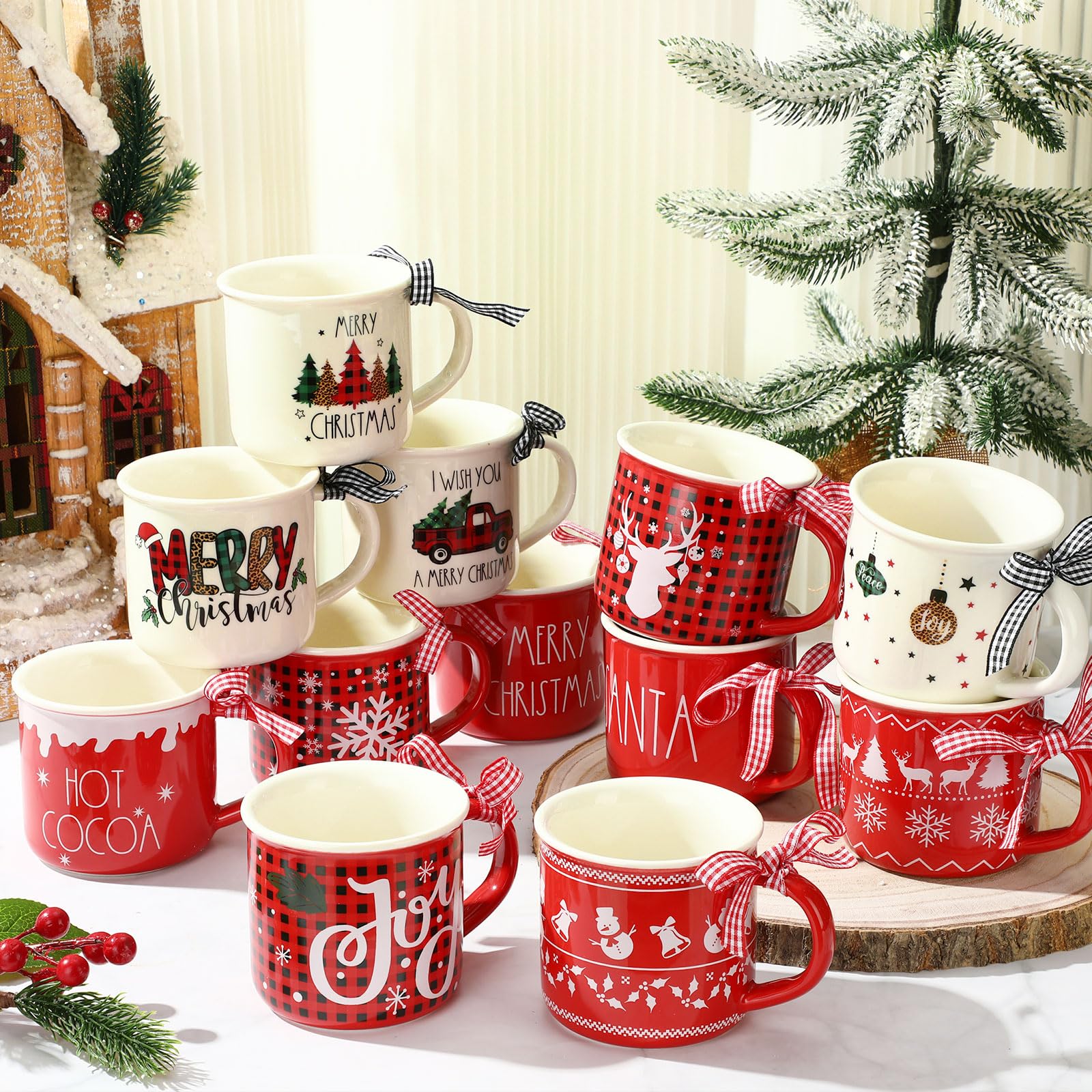 Baderke 12 Pcs Ceramic Christmas Plaid Mug with Ribbon 11 oz Hot Cocoa Christmas Coffee Mugs Santa Winter Holiday for Centerpieces Decorations Housewarming Gift