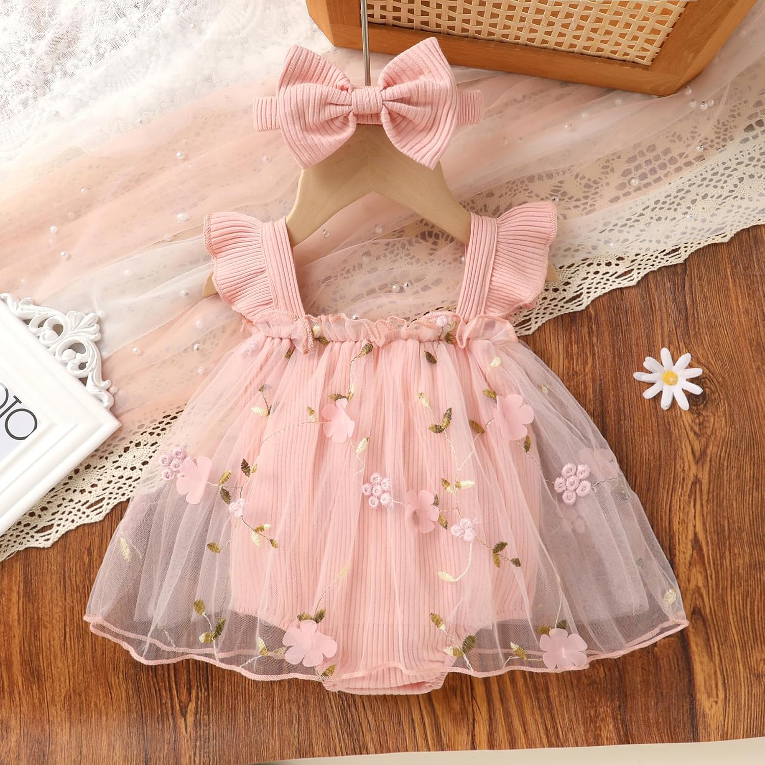 YOUNGER TREE Baby Girl Clothes Infant Summer Sleeveless Romper Dress Ribbed Floral Tulle Jumpsuit Bodysuit with Headband