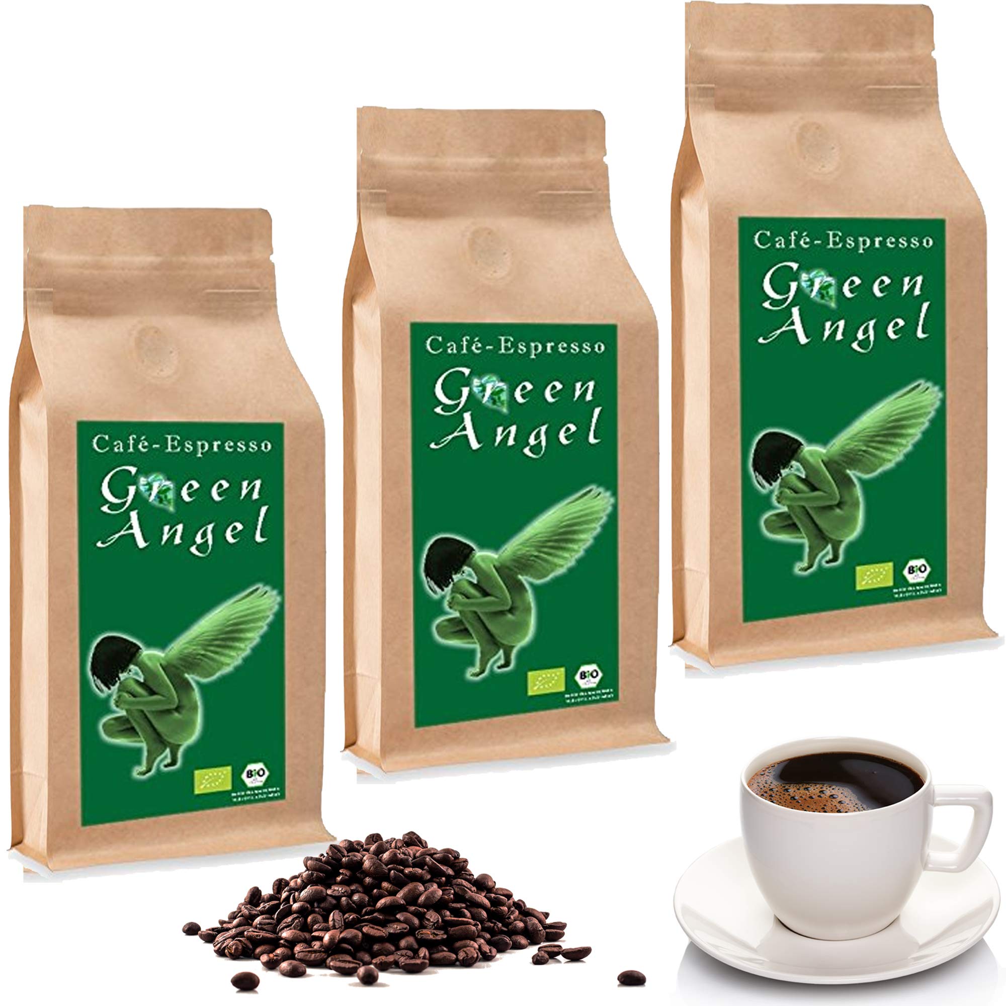 C&T BIO Green Angel Espresso Deluxe 3 x 1000 g ganze Kaffeebohnen - der Fruchtige - Ökologischer Kaffee aus der beliebten Espresso Angel Serie