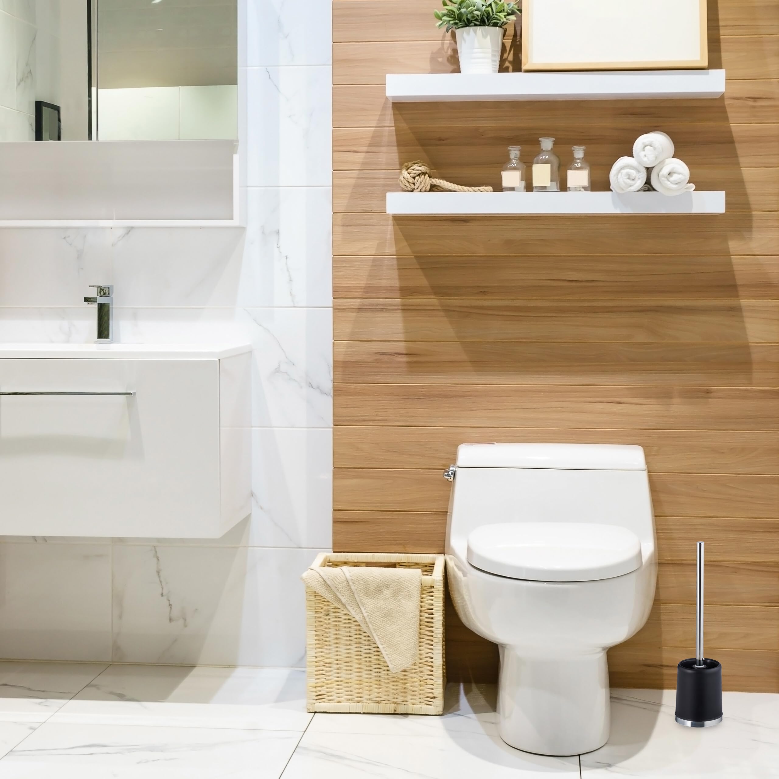 Relaxdays Scopino da WC, Set da 3 Scopettini con Testina di Ricambio Ø 7cm, Portascopino Water, Toilet Brush, Nero