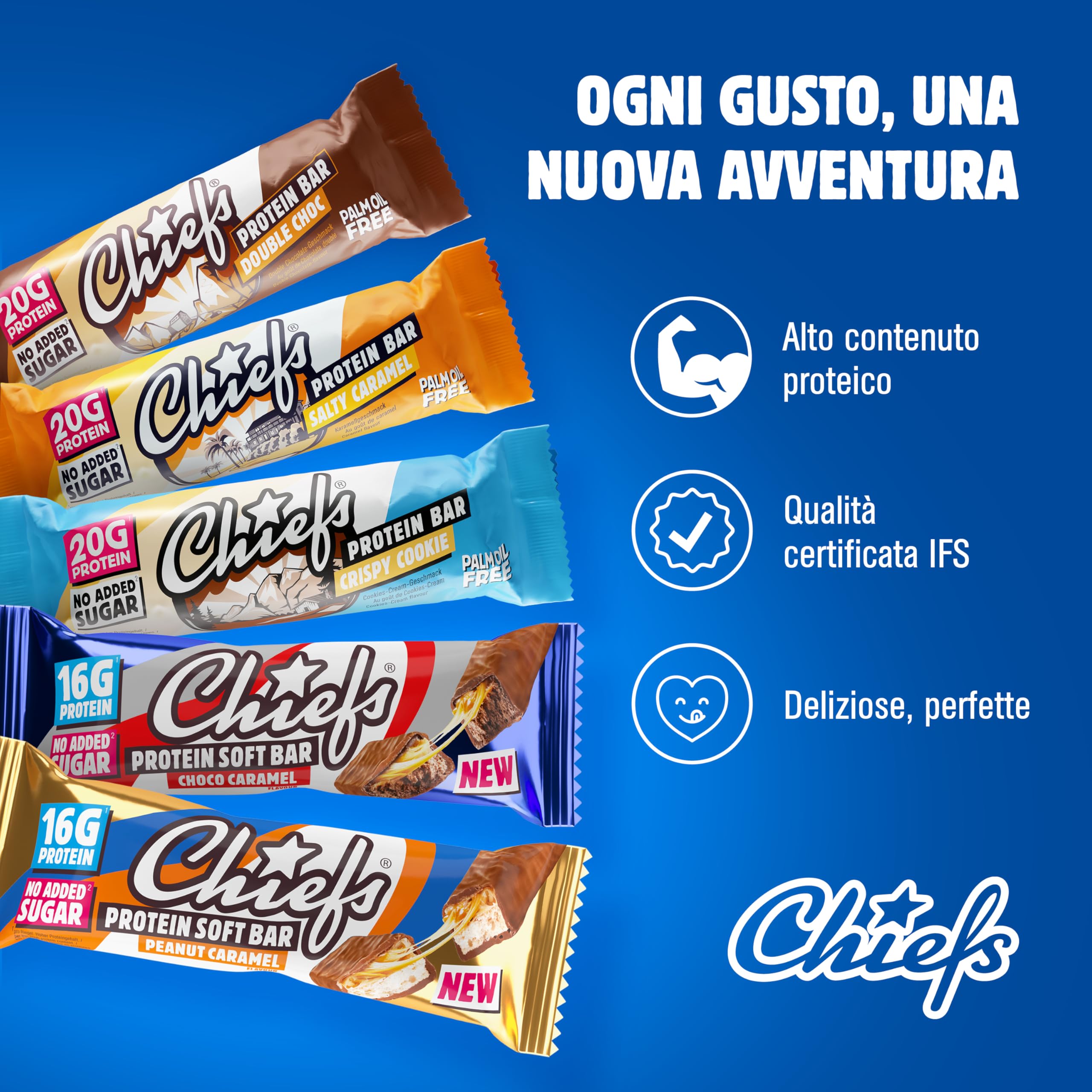 CHIEFS Protein Snack al Cioccolato, Barrette Proteiche, Per uno Spuntino Goloso e Per il Controllo del Peso, Per il Recupero Dopo lo Sport, 15 Barrette da 55g, Caramello alle arachidi