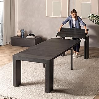Transformer Table - Solid Wood Extendable Dining Table, Seats 2-12, Extendable Dining Room Table, Space-Saving Furniture (Black, Table + Coffee Table)