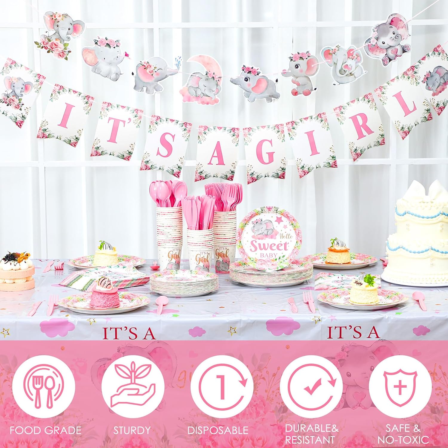 405 Pcs Pink Elephant Themed Baby Shower Tableware Set It's a Girl Pink Elephant Decoration Baby Shower Plates and Napkins Birthday Supplies Include Tablecloth Banner Cup for 50 Guests