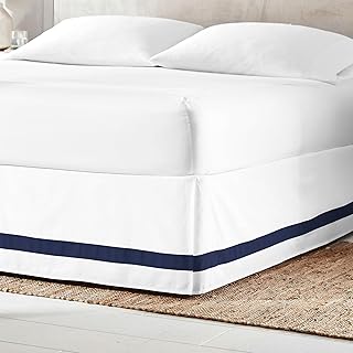 Everhome Emory Hotel Border Tailored Bed Skirt, 15" Drop Length, White/Navy, Queen