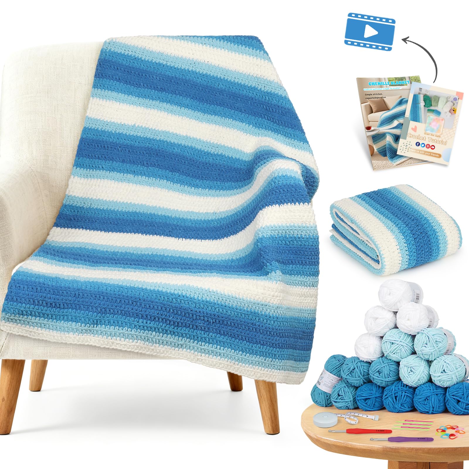 Reessy Crochet Blanket Kit, Easy Chenille Blanket Crochet Kit with Step-by-Step Video Tutorials & Crochet Accessories, Complete Crochet Kits for Beginners Adults Learn to Crochet Blanket-Gradient Blue