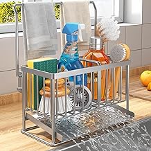 Aiyomt Kitchen Sink Caddy,Sponge Holder for Kitchen Sink SUS304 Stainless Steel Rustproof Sponge Caddy for Kitchen Sink Kitchen Dish Brush Sponge Holder with Drain Tray for Kitchen Sink Organizer