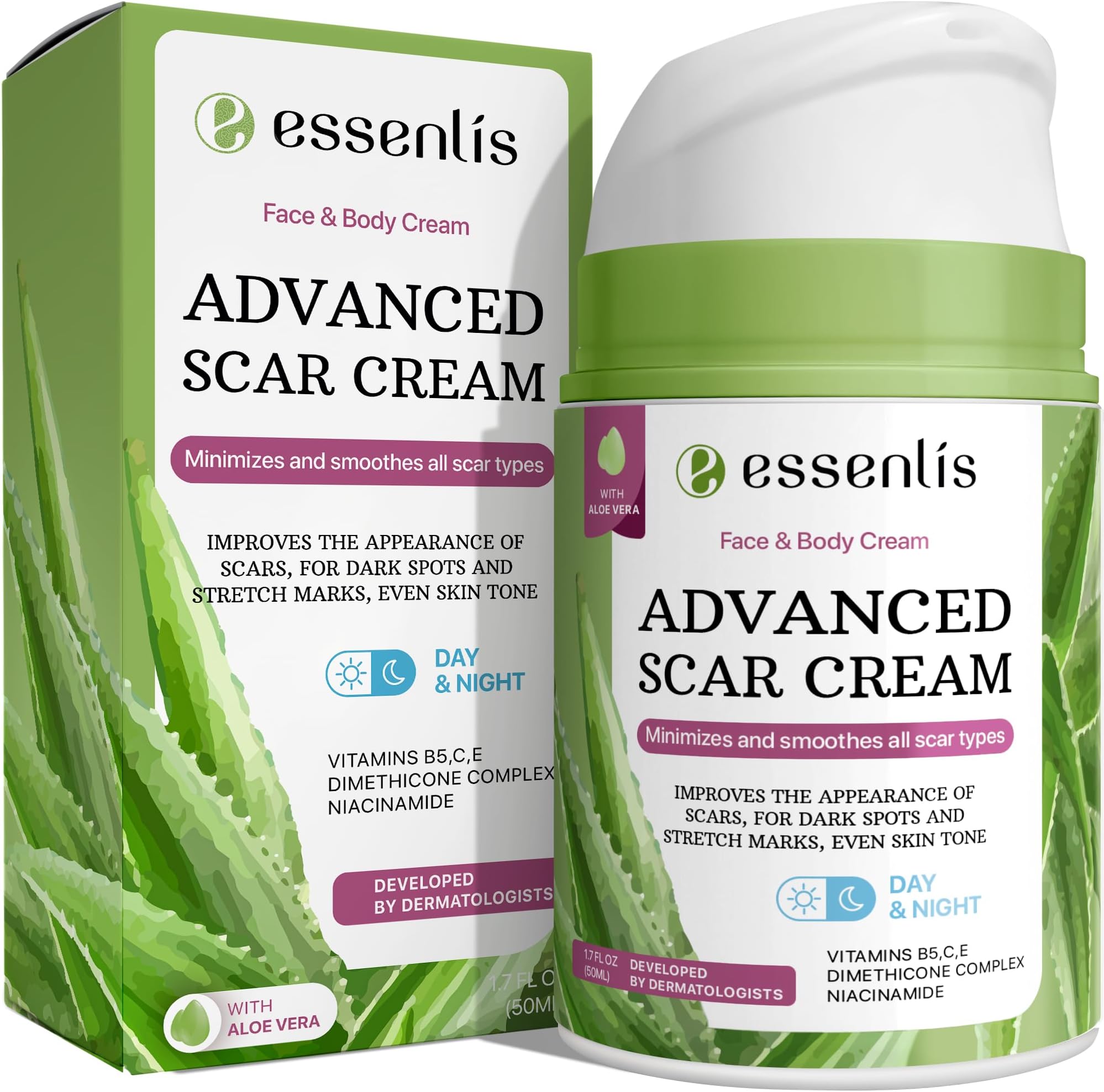 Scar Removal Cream for Women & Men, Rapid Repair of New Old Scars, Spots, Burns All Natural Treatment with Vitamin E, B5, C, Aloe Vera, 1.7 Fl Oz