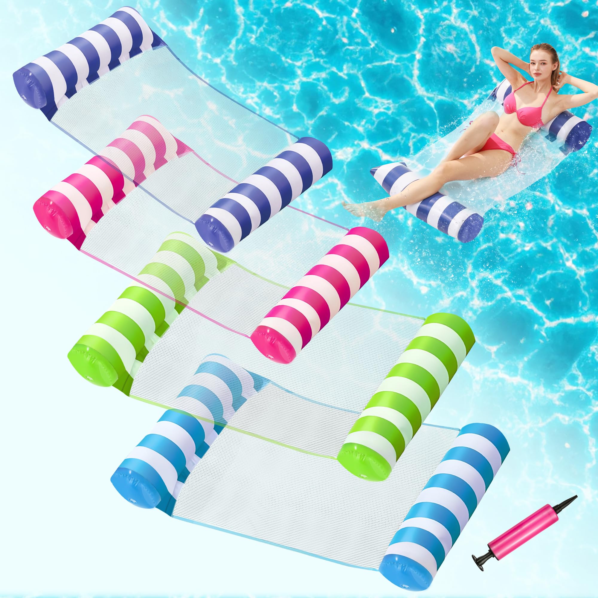 4 Pack Inflatable Pool Floats, OKSUWATER 4-in-1 Water Hammock, Pool Floats Adult Size for Swimming Pool Party Summer Lake Water Fun