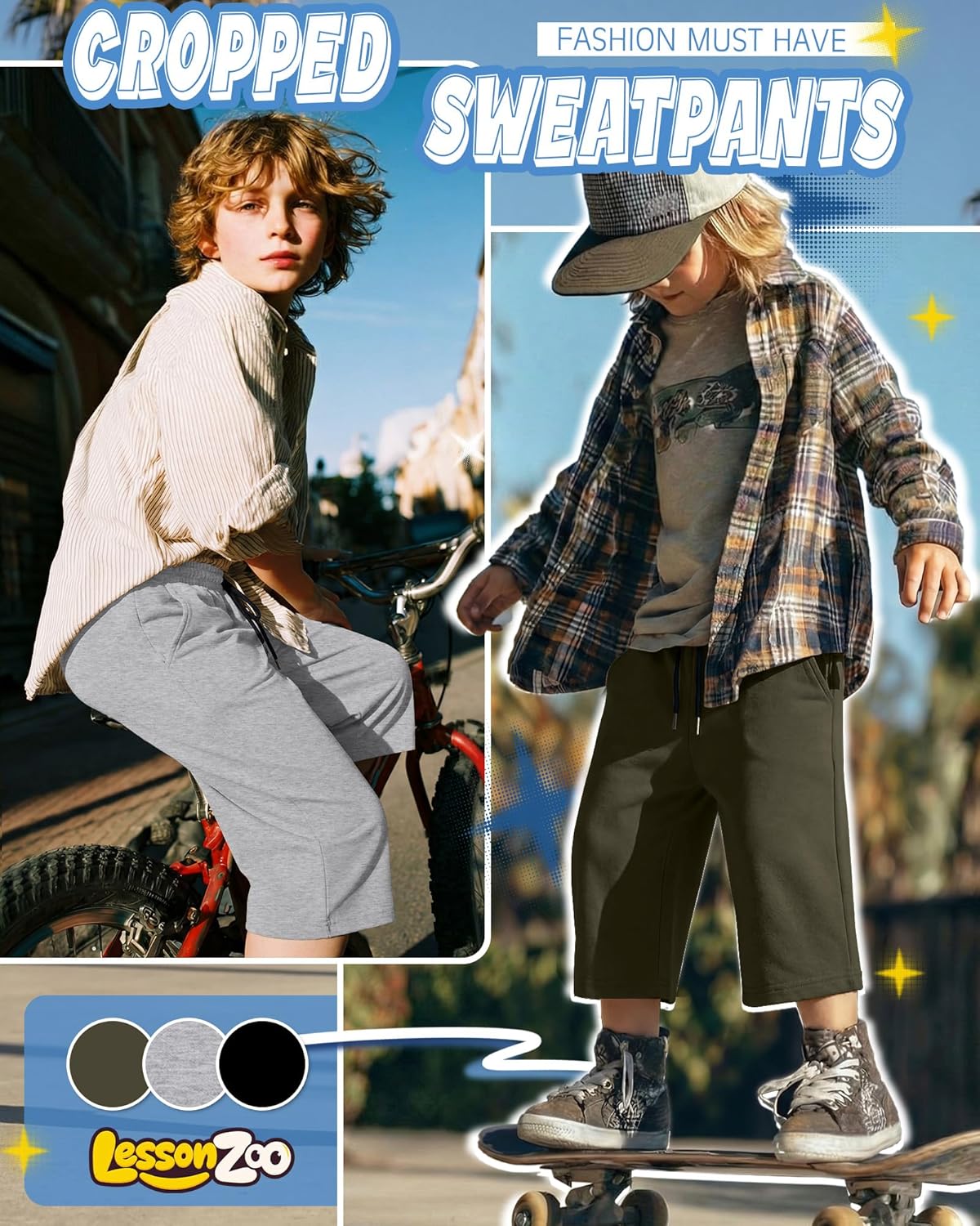 3 Pack Boys Capri Pants Teen Kids Wide Leg Drawstring Joggers Below Knee Shorts 3/4 Baggy Sweatpants with Pockets - Image 3