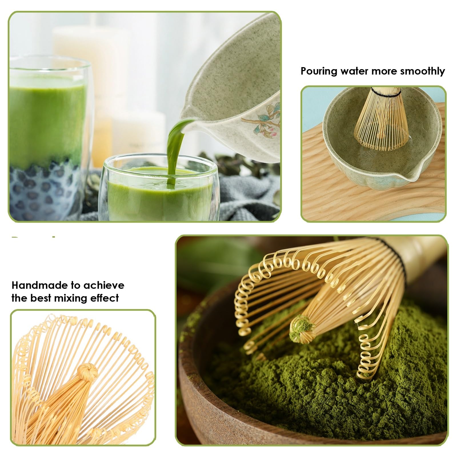 Ensemble Matcha Ensemble de 4 fouets à Matcha, élégant Ensemble Tasses thé avec Support for Fouet, Bol en céramique, ustensile Cuisine for Les Amateurs(Green)