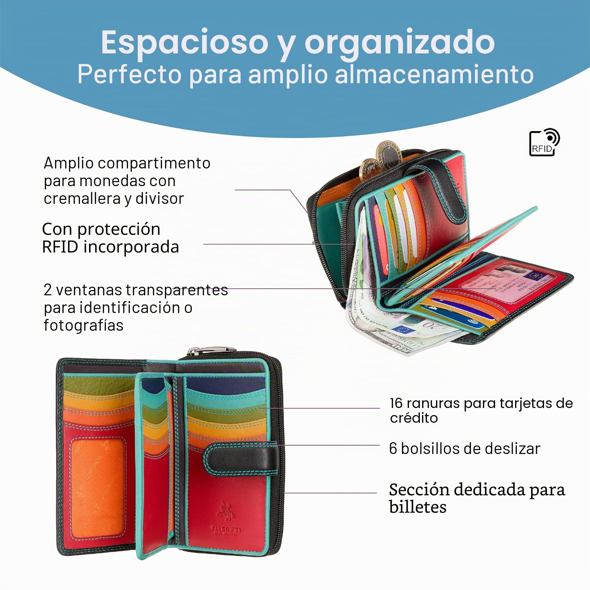 VISCONTI Cartera de cuero suave para mujer, tarjetero, portatarjetas, 2 ventanas para fotografía de identificación, 6 bolsillos deslizantes, 16 ranuras, regalos para mujer, Negro/Rhumba, Talla única