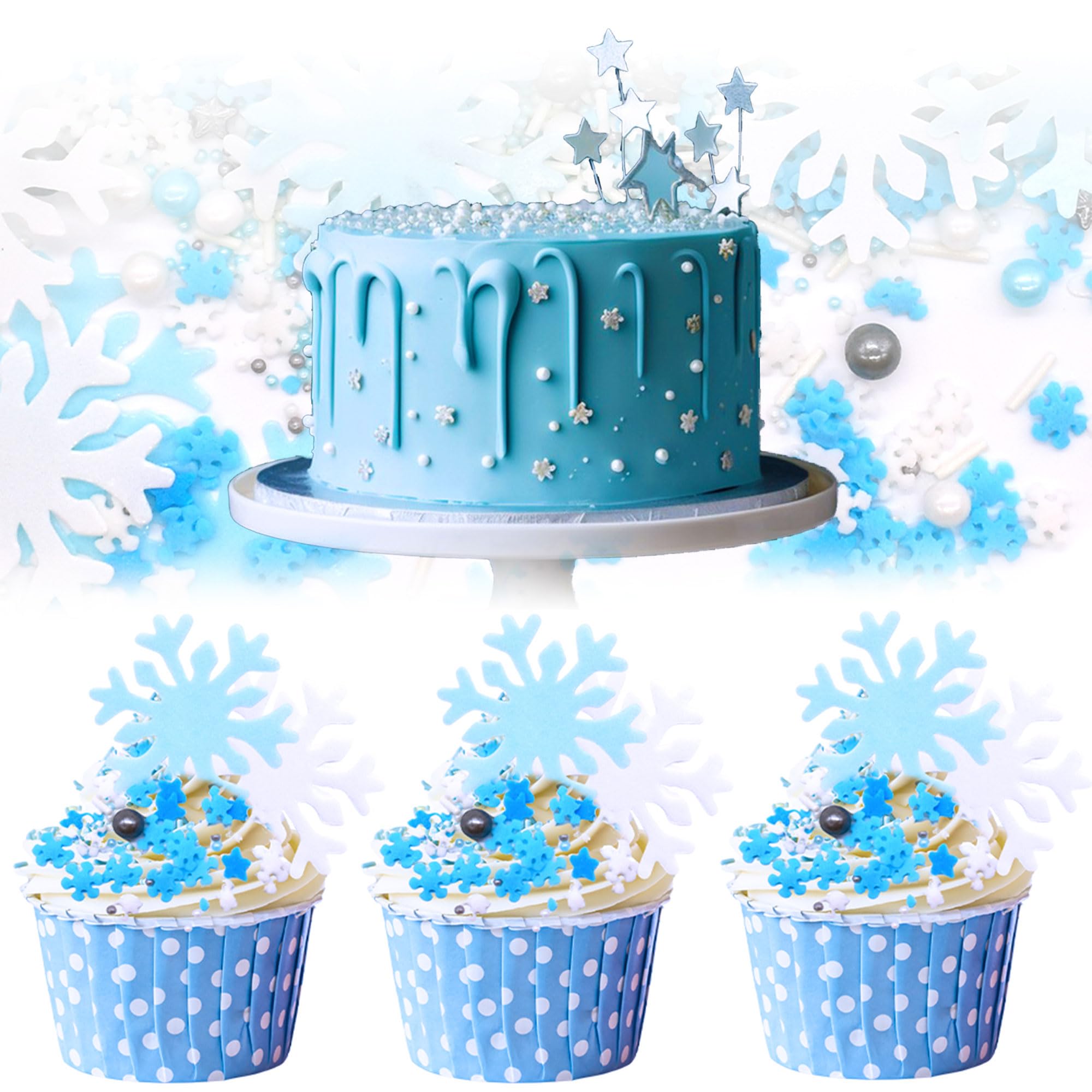 Schneeflocken Kuchen-Deko Set – Happy Birthday, Mit Pailletten, Für Geburtstag & Hochzeit, Silber/weiß/blau