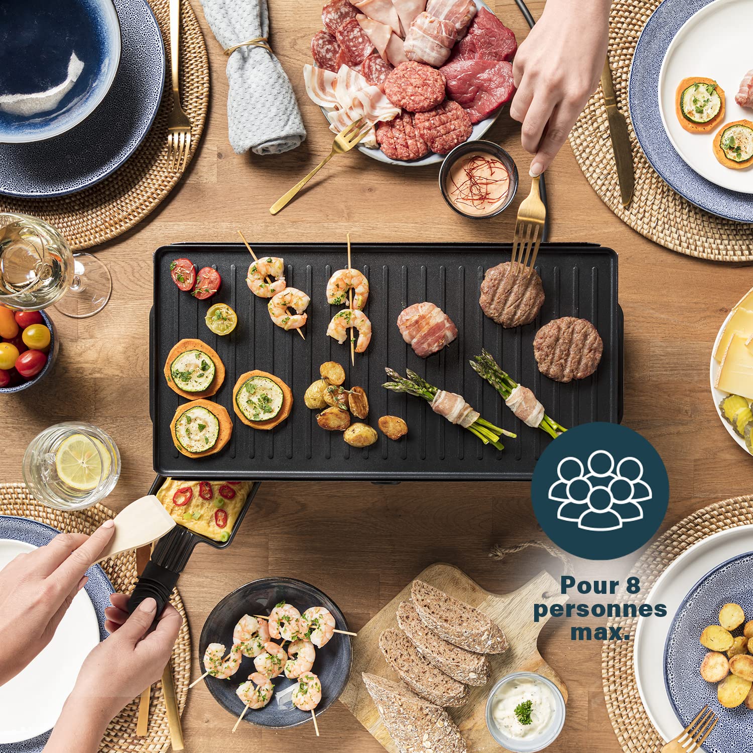 Princess Appareil à Raclette Deluxe, Pour 8 Personnes, Plaque Réversible Grill et Pierre à Cuire 42 x 21 cm, Thermostat Intégré, Finition Inox Facile à Nettoyer, 1400 W, Noir, 01.162645.01.001
