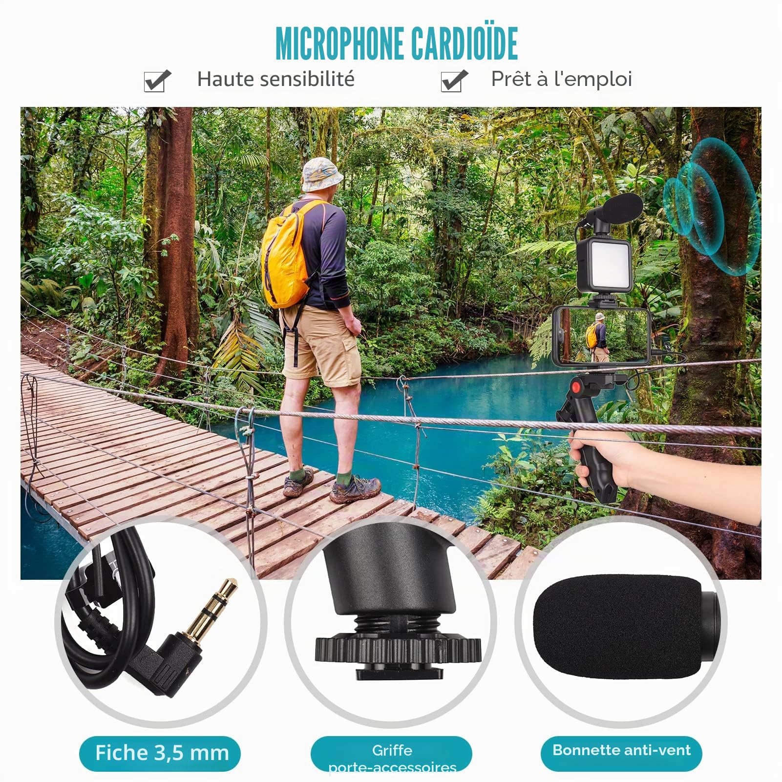 Andoer Kit Vlog pour smartphone, Mini lumière vidéo LED + microphone cardioïde + clip pour téléphone extensible + trépied avec luminosité réglable pour Live Streaming Vlog Tournage vidéo conférence