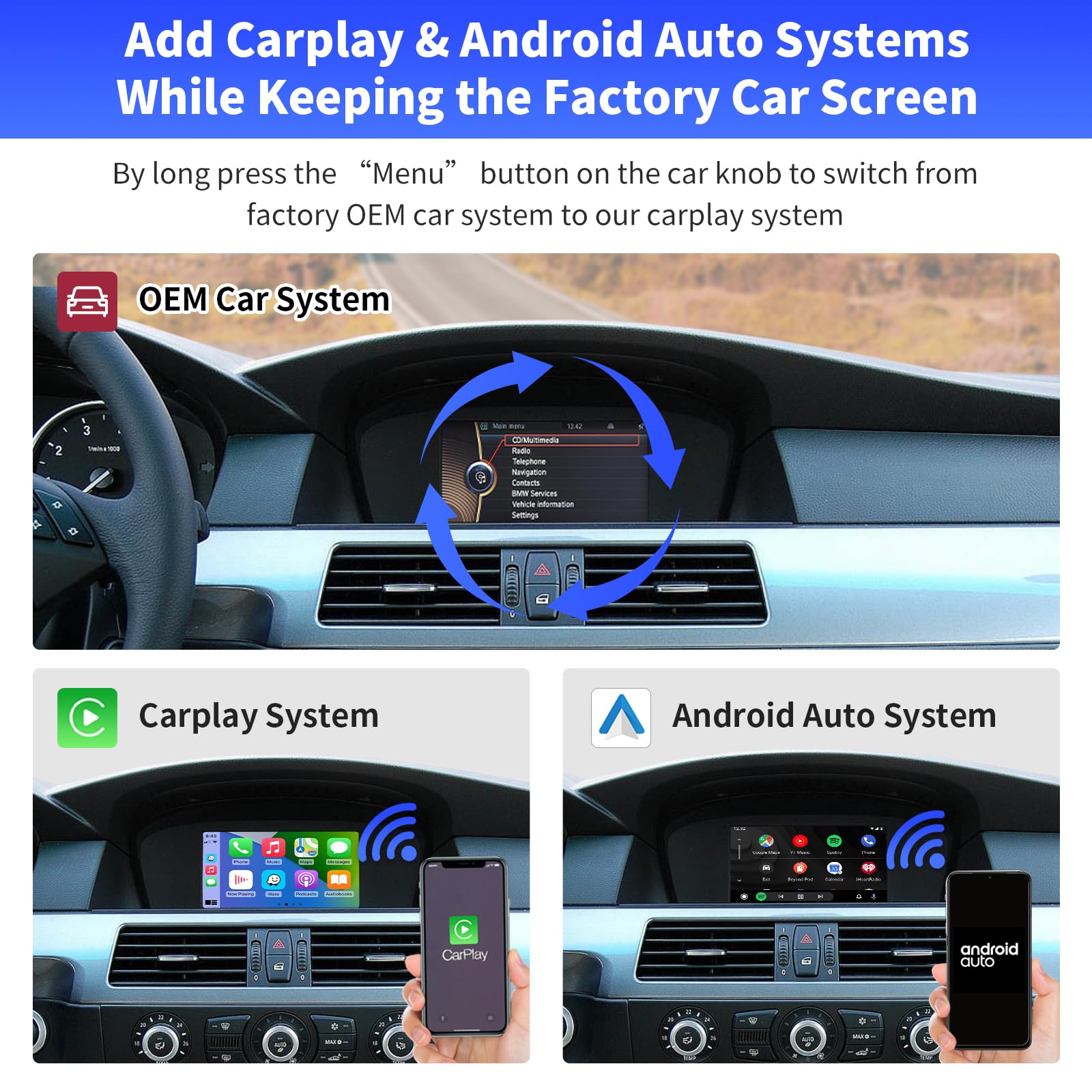 Road Top Module CarPlay sans Fil pour BMW avec CIC système | 1 3 5 6 7 série X1 X3 X5 X6 2008-2012 année, Android Auto sans Fil, Interface Décodeur CarPlay, MirrorLink, Navigation