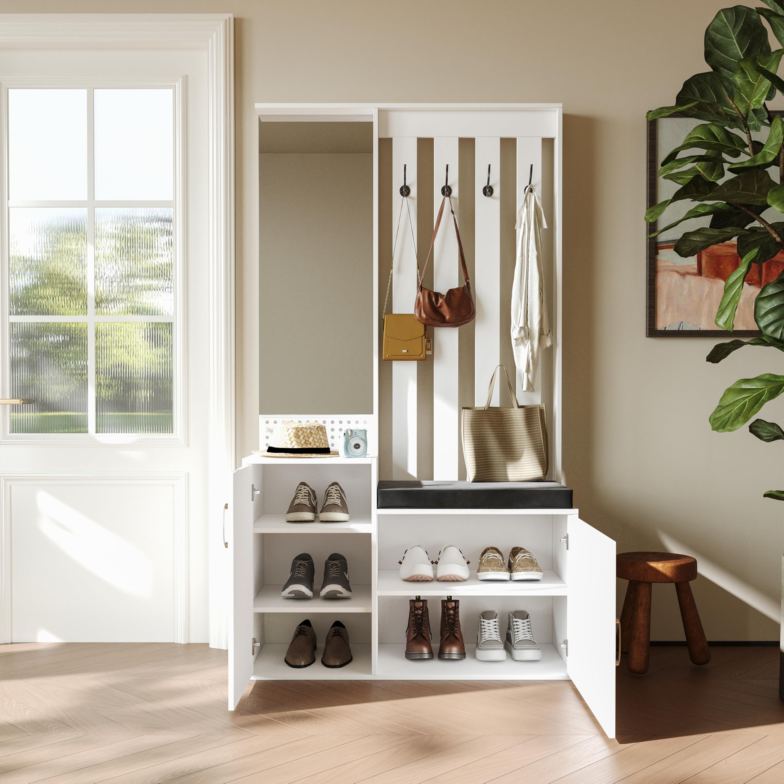 Porte-Manteau de Couloir avec Banc de Rangement Rembourré 40x100x180cm, Meuble à Chaussures de Couloir Multifonctionnel avec Patère, vestiaire d'entrée Moderne avec Miroir