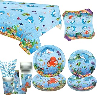Under The Sea Party Supplies - Ocean Sea Party Tableware - Dinner Plates Desserts Plates Cups Napkins Tablecover Straws for Underwater World Birthday Party Decorations, Serves 20 (Serves 20)