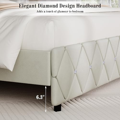 Miniatura 81 de BarnFurin - Base de cama matrimonial con cabecera capitoné, plataforma tapizada con diseño de diamante, base de colchón, soporte de listones de