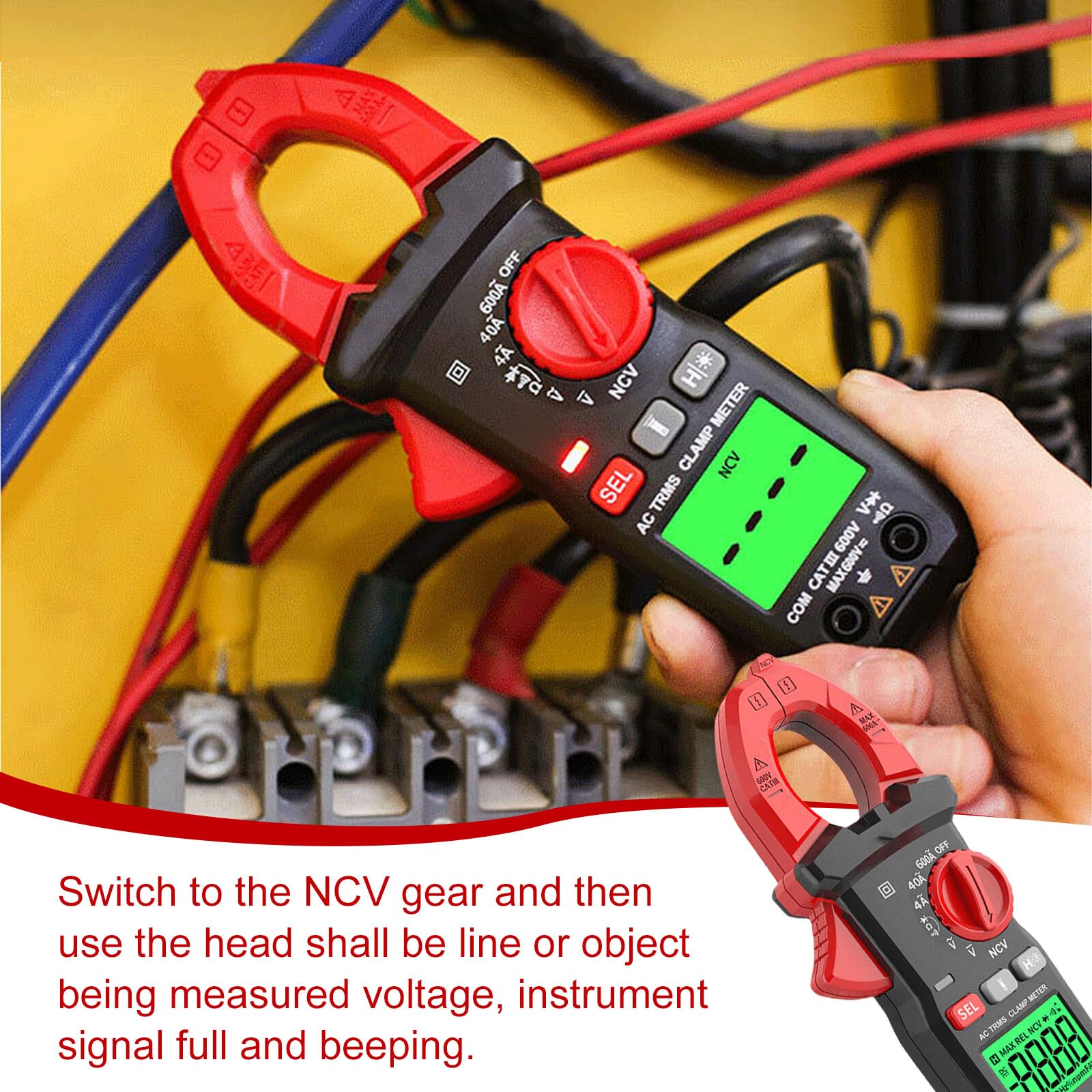Stromzange, 6000 Counts Strommesszange 600A AC/DC, Zangenamperemeter mit Taschenlampenfunktion, Strommessgerät Zangenmultimeter Misst Spannung Kapazität Durchgang