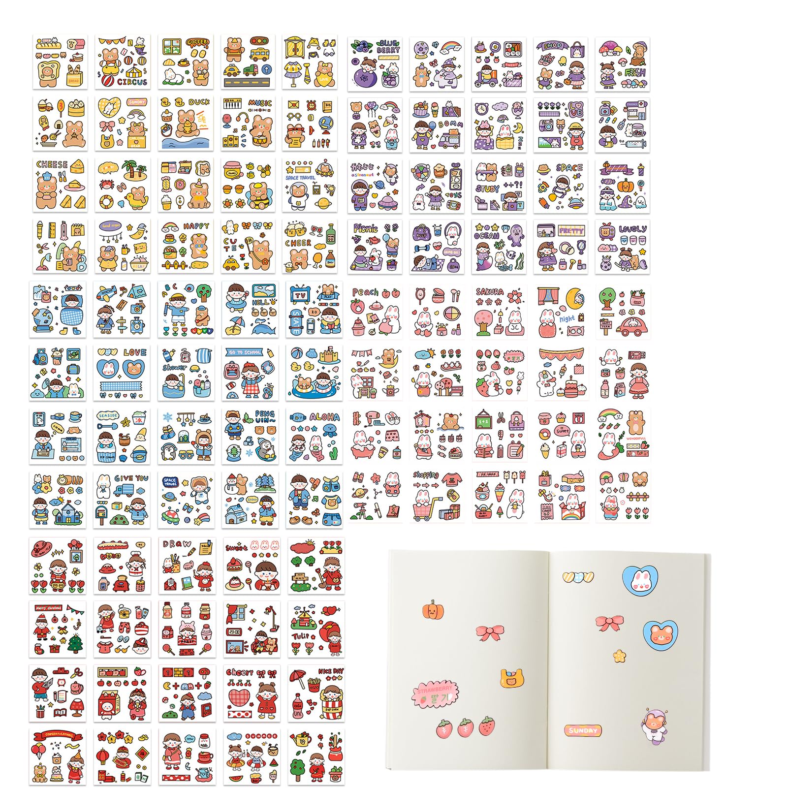 100 Hojas Pegatinas Kawaii, PVC Impermeable Stickers Scrapbooking para Niñas, Anime Pegatinas Dibujos Animados en 5 Temas, para Diario, Manualidades, álbum de fotos