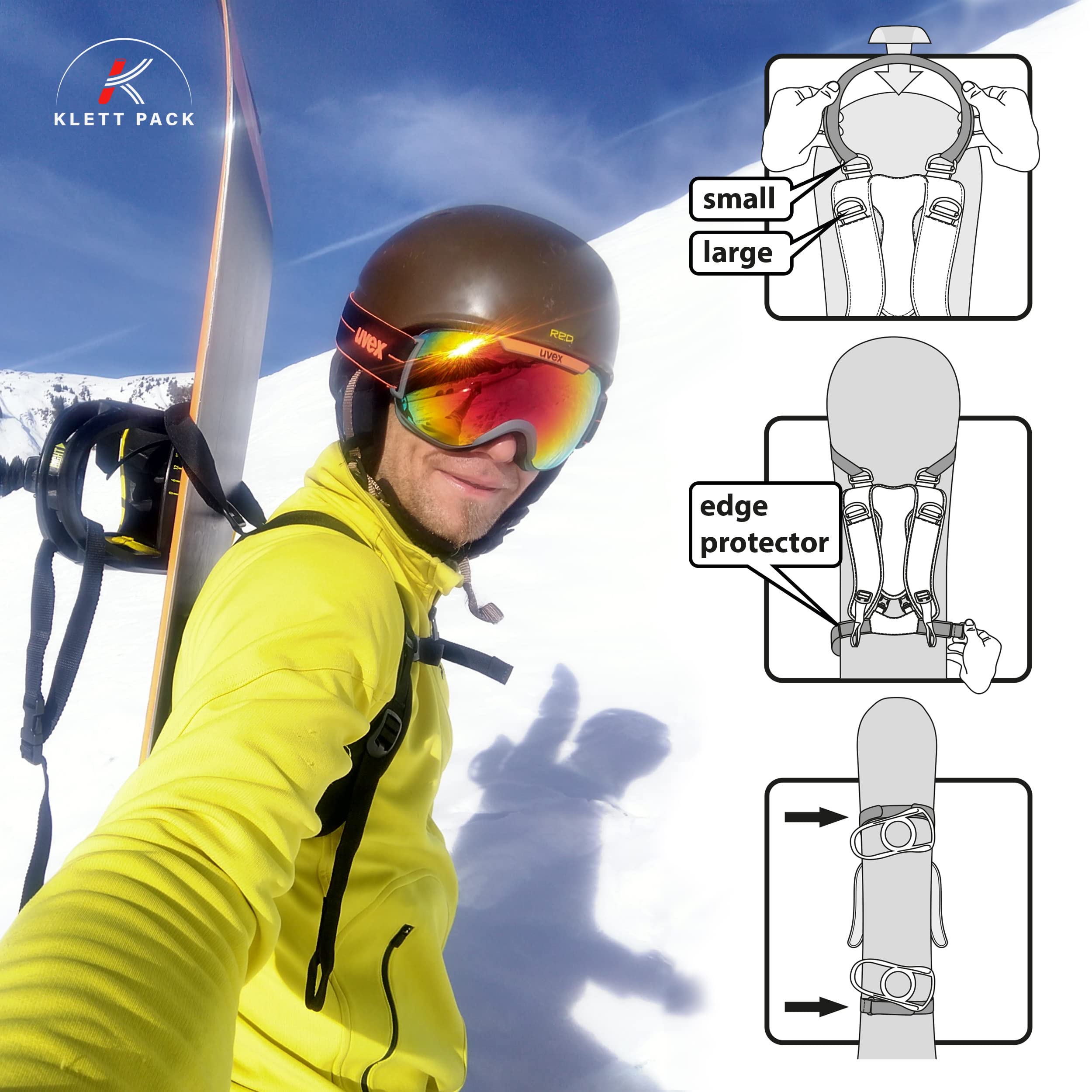KLETTPACK® Tragegurt für Snowboards, Ski, Mountainboards, Longboards. Tragehilfe und Rückengurt für den Alltag.