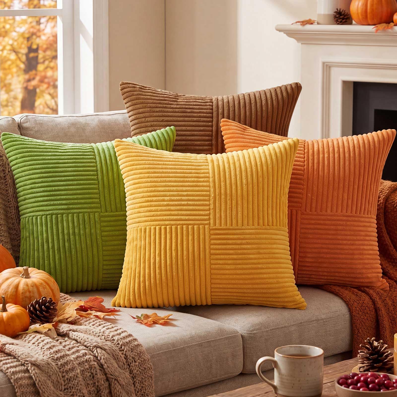 Benjia Autumn 16x16 Cushion Covers Set of 4, Striped Throw Pillow Cases Decorative Throw Pillow Covers 40x40cm Fall Cushion Cases for Sofa Bed Boho Farmhouse Autumn Decor (4 Colors)