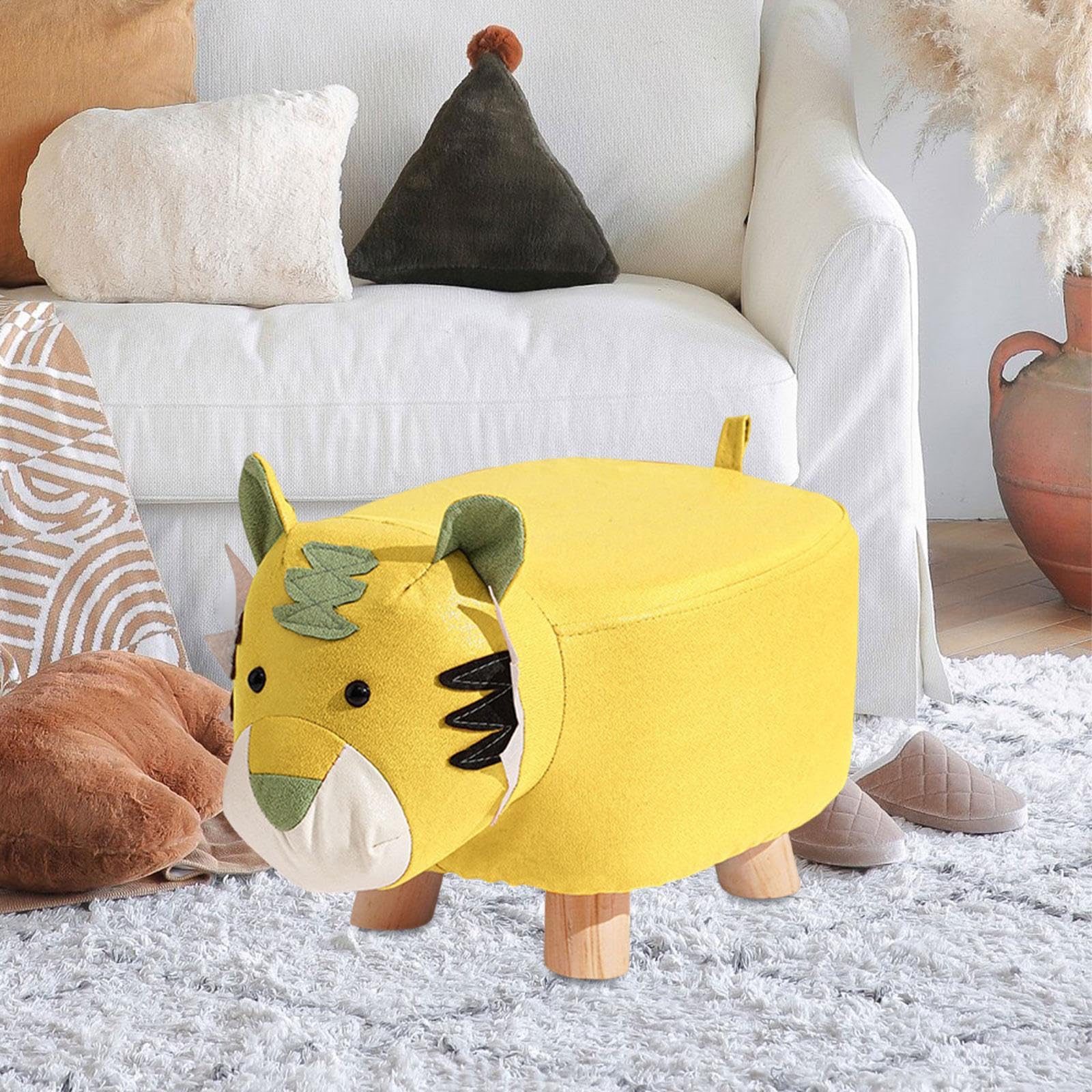 Milageto Fußhocker mit Tiermotiv, Schuhwechselhocker, süßer Cartoon-Lernhocker, Fußstütze, Sitzkissen, Stuhl für Wohnzimmer, Nachttisch, Eingangsbereich, Gelb Tiger