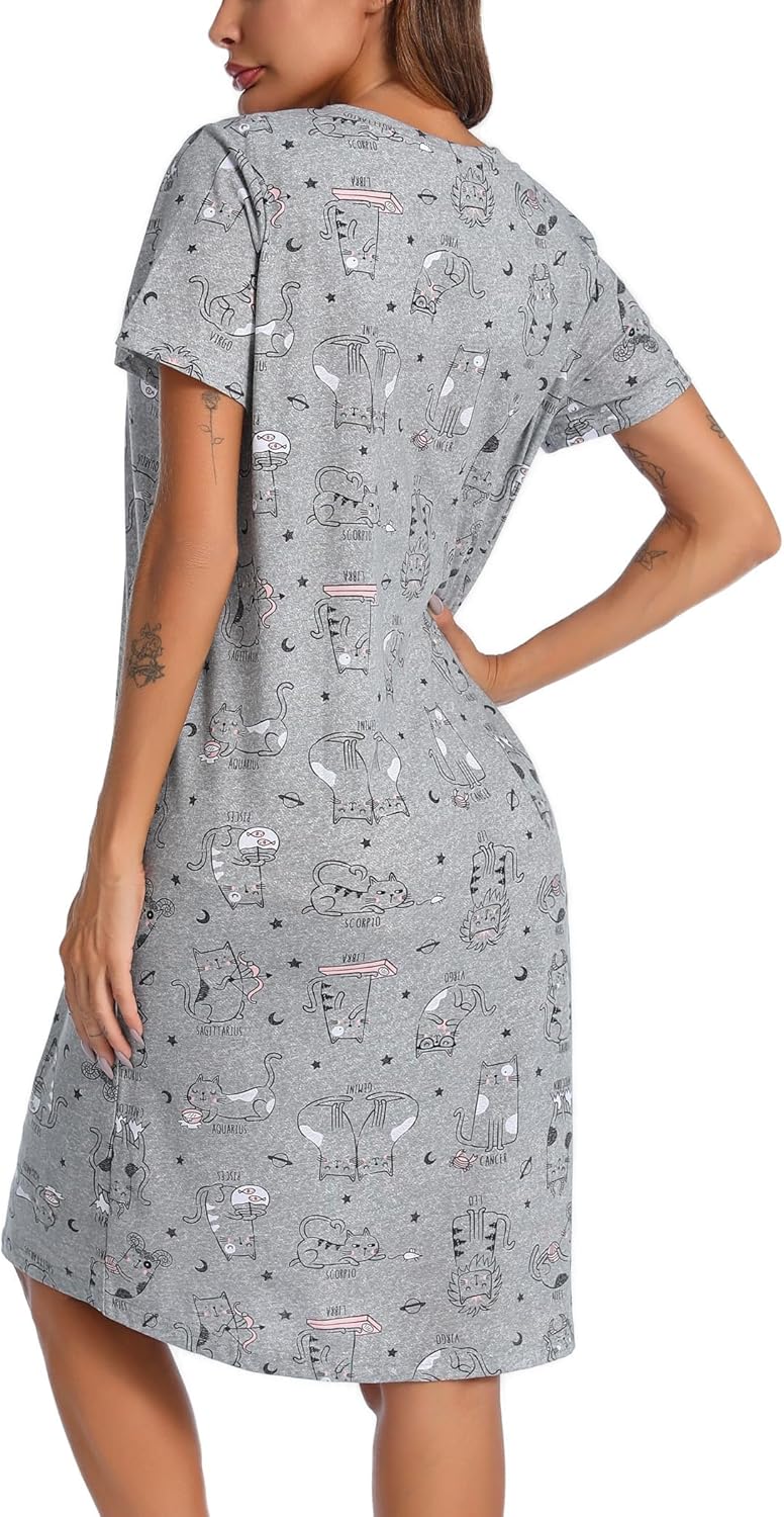 ENJOYNIGHT Womens Nightgown Cotton Short Sleeve Sleepwear V-Neck Casual Print Sleepshirt With Pockets - Image 5