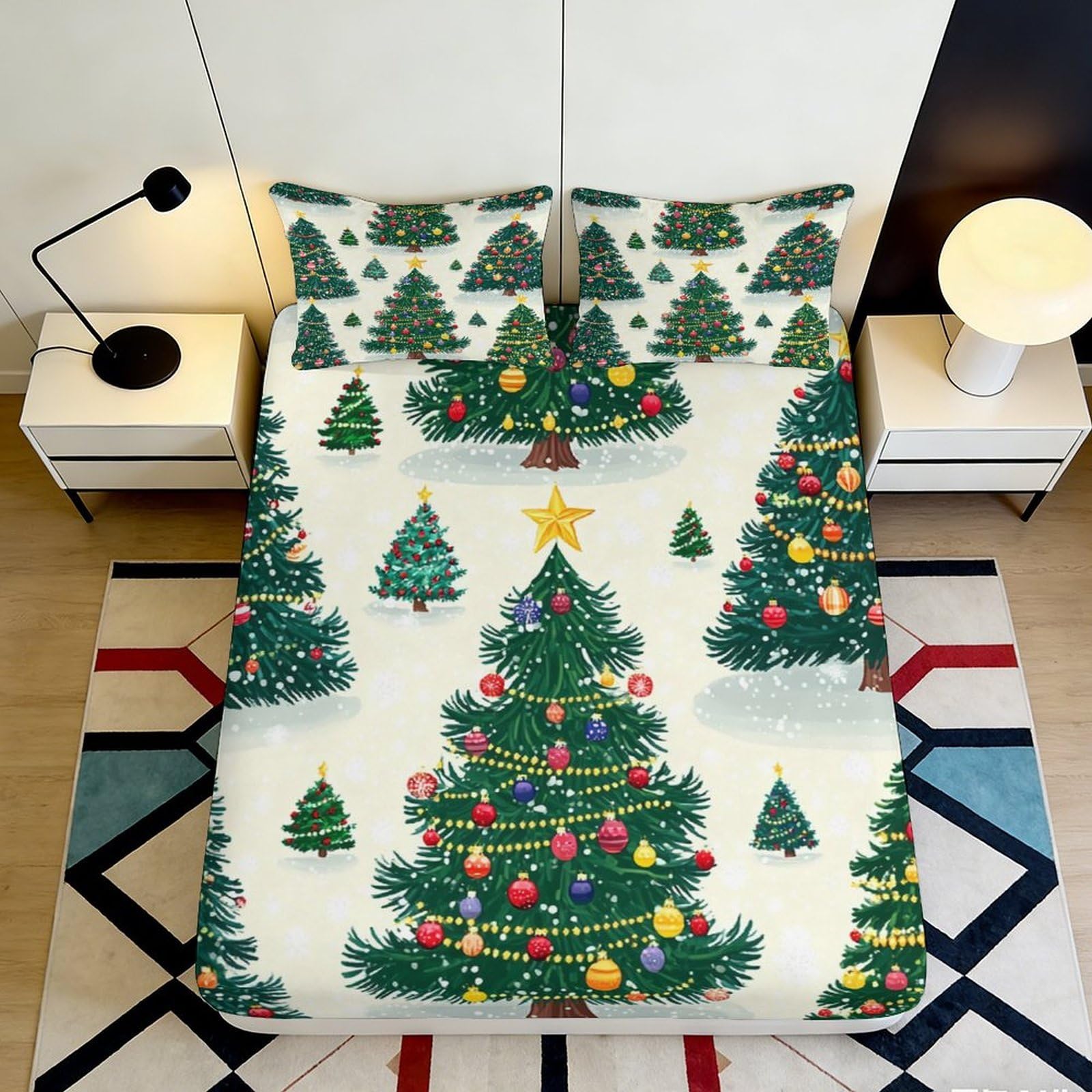 3D Printed Christmas Tree Fitted Sheet Microfiber Soft Breathable Holiday Bed Cover for Bedroom Dormitory Guest Room Mattress Protection 120x200x25cm