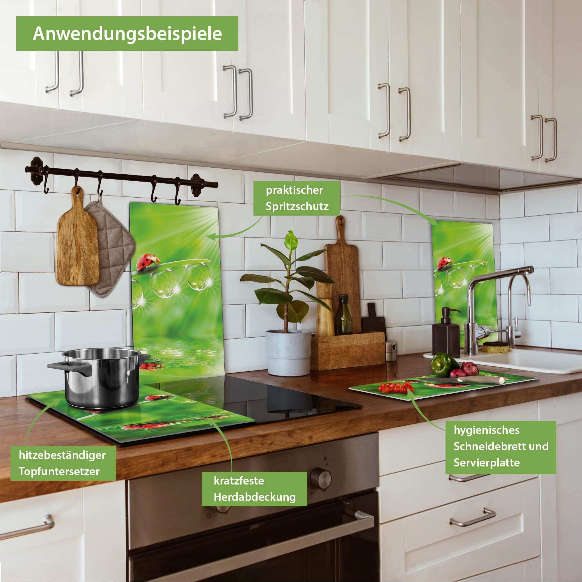 banjado Herdabdeckplatte Glas 2-teilig 60x52 cm, Kochfeld Abdeckung und Schneidebrett Ceranfeld aus gehärtetem Glas, pflegeleichter Spritzschutz Tiere allgemein mit Motiv Für Jeden Einen