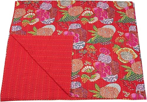 Vista 24 de Marubhumi Colcha Kantha reversible de algodón puro cosido a mano con estampado de frutas indias, edredón Kantha reversible (C verde, Queen