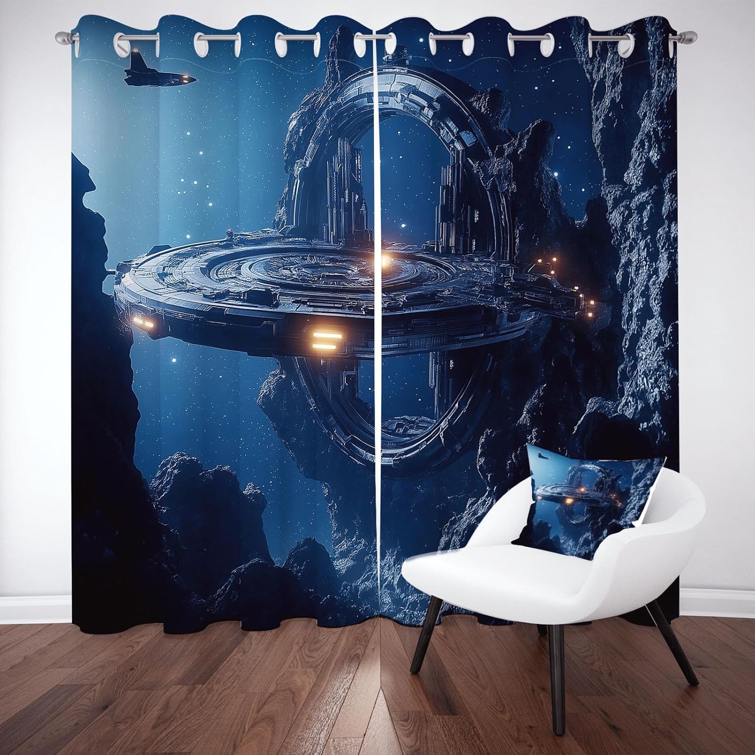 Space Capsule Curtains for Bedroom 72 Inches Long, Cityscape Cyberpunk Blackout Curtains 2 Panels, Modern Night View Drapes Thermal Insulated Grommet for Living Room, 52" W x 72" L