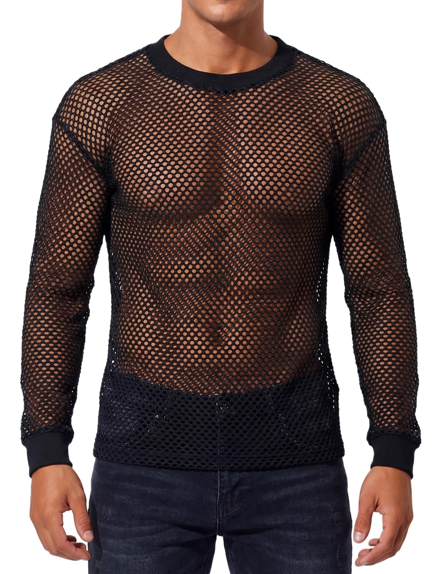 FEOYA Camicie da uomo in rete trasparente trasparente per feste in discoteca casual
