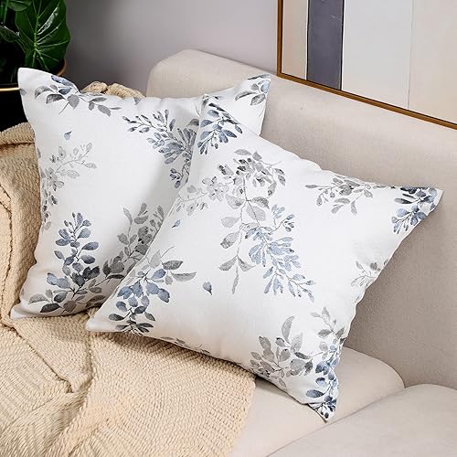 Miniatura 2 de Btyrle Leaf Branch - Juego de 2 fundas de almohada de jacquard de 20 x 20 pulgadas, fundas de cojín cuadradas decorativas para sofá, hojas azules y