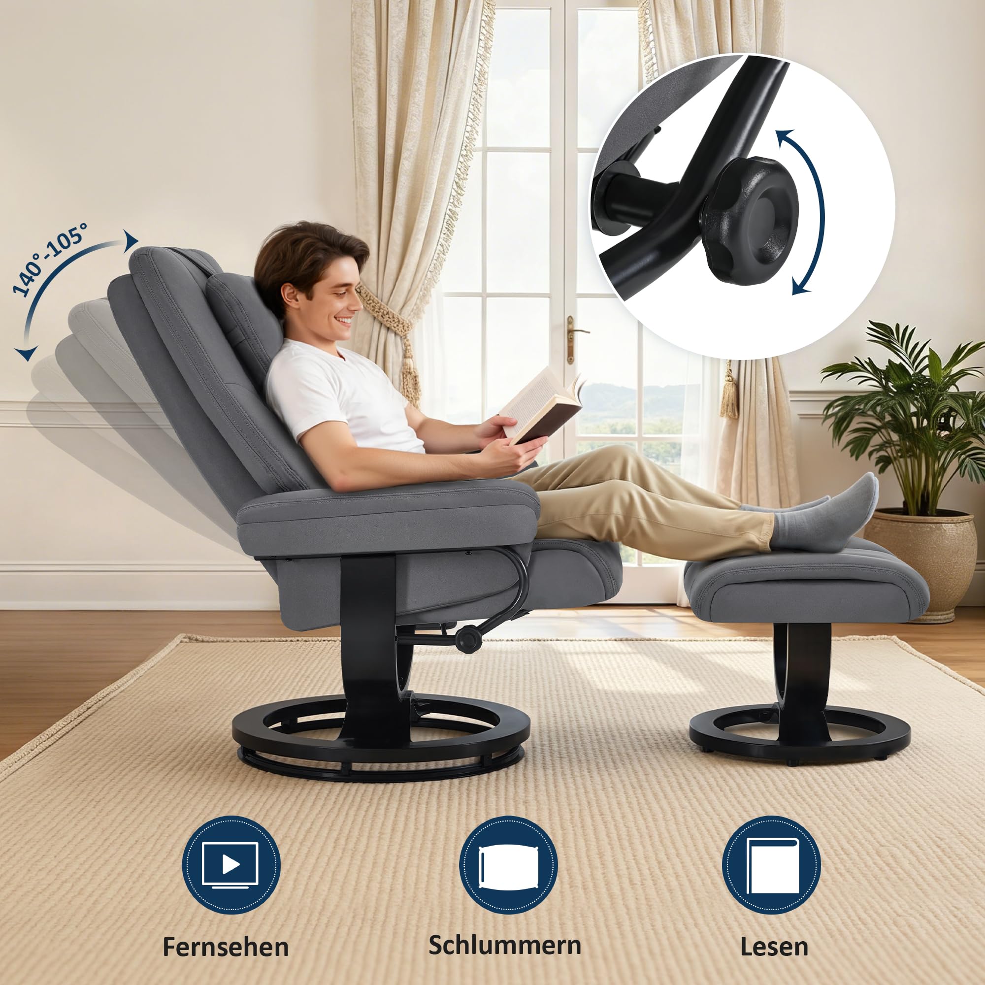 M MCombo Relaxsessel mit Liegefunktion, Lesesessel, 360° Drehbarer Fernsehsessel mit Hocker, mit Verstellbares Kopfkissen, Lendenkissen & Seitentasche, TV-Sessel für Wohnzimmer, 9046