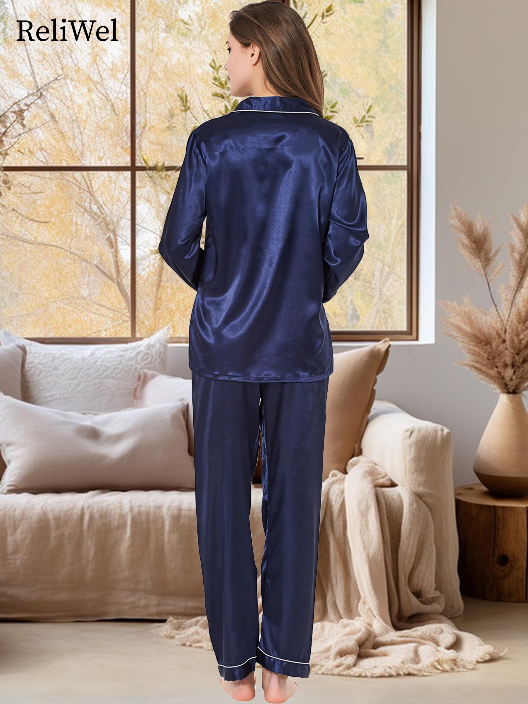 Reliwel Pigiama Donna Estivo Pigiami da Donna Due Pezzi a Maniche Lunghe Pantaloni in Raso Morbidissimo Scollo V Aperto Davanti con Bottoni e Borse Laterali