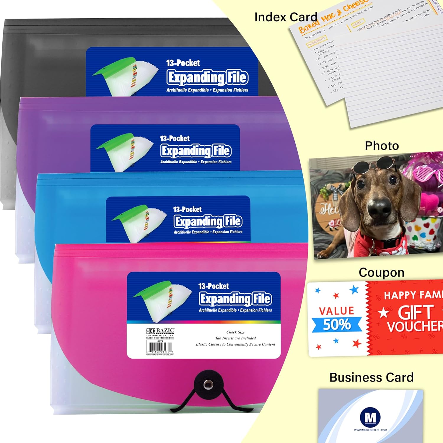 BAZIC Products Expanding File Folder 13 Pockets, Coupon Size Plastic File Folders w/Color Tabs Pocket, Home Office Supplies, Check Bills Receipts Organizer, 72-Packs